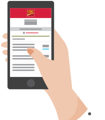 Une main tient un appareil mobile affichant l’Application Services bancaires mobiles CIBC.