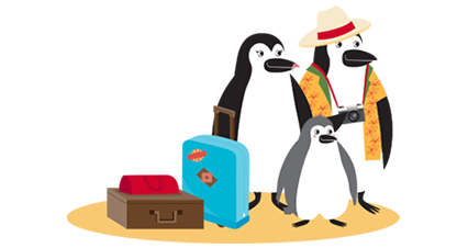 Percy Penguin hangs out on the beach in a Hawaiian shirt with his wife and son