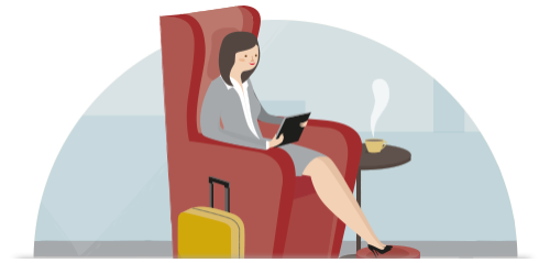Woman in airport lounge with mobile device