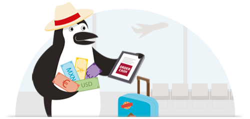 Percy Penguin picks up foreign cash at the airport