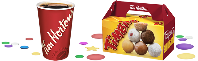 Un café et une boîte de Timbits d’anniversaire de Tim Hortons